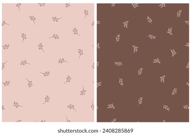 Simple Hand Drawn Seamless Vector Pattern with Twigs and Leaves Isoalted on a Light Dusty Pink and Chocolate Brown Background. Minimalist Irregular Floral Endless Print. Set of 2 Botanic Patterns.