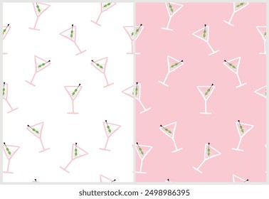 Simple Hand Drawn Seamless Vector Pattern with Cocktails with Green Olives. Funny Endless Prints with Martini Drinks on a White and Pastel Pink Background. Infantile Style Party Repeatable Design.