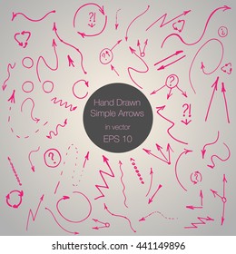 Simple Hand drawn Set Arrows Red. Vector Illustration