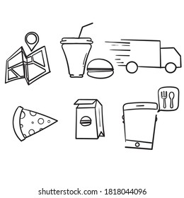 Sencillo dibujo a mano Juego de Iconos de línea de vectores relacionados con la entrega de alimentos, estilo de doodle aislado en el fondo