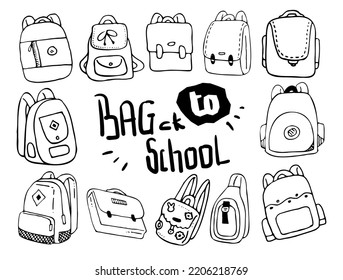 Juego de mochilas dibujadas a mano simple de boceto de dibujos. Vector, Casual, Moda. ilustración. De vuelta a la escuela.