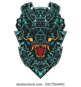 Simple hand drawn sketch of bat head with cultural floral ornament artwork 