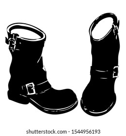 Simple hand drawn sketch of black boots with strap and buckle. isolated black and white drawing of shoewear, unisex. Two close up views of boots: side and straight.  