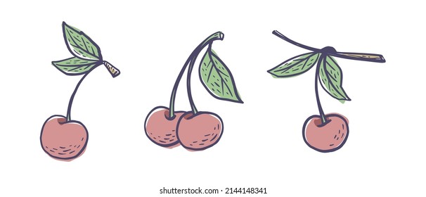 Simple hand drawn sketch of bright ripe cherries isolated on white background. Vector illustration EPS10