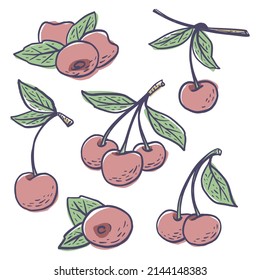 Simple hand drawn sketch of bright ripe cherries isolated on white background. Vector illustration EPS10