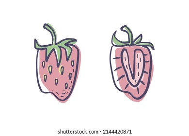 Esbozo simple dibujado a mano de fresas maduras brillantes aisladas en fondo blanco. Ilustración del vector EPS10
