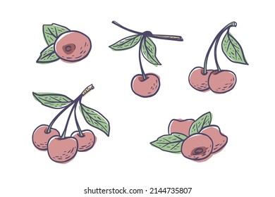 Simple hand drawn sketch of bright ripe cherries isolated on white background. Vector illustration EPS10