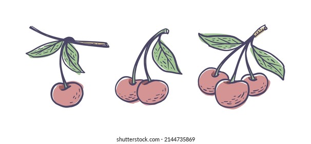 Simple hand drawn sketch of bright ripe cherries isolated on white background. Vector illustration EPS10