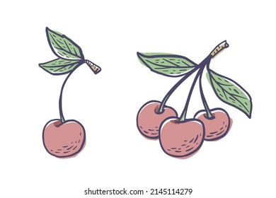 Simple hand drawn sketch of bright ripe cherries isolated on white background. Vector illustration EPS10