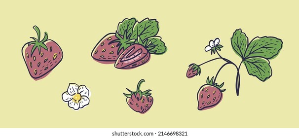Simple hand drawn sketch of bright ripe strawberries on yellow background. Vector illustration EPS10