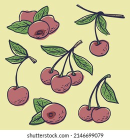 Sencillo boceto dibujado a mano de cerezas maduras brillantes sobre fondo amarillo. Ilustración del vector EPS10
