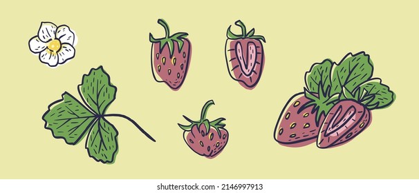 Esbozo simple dibujado a mano de fresas maduras brillantes sobre fondo amarillo. Ilustración del vector EPS10