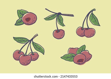 Sencillo boceto dibujado a mano de cerezas maduras brillantes sobre fondo amarillo. Ilustración del vector EPS10