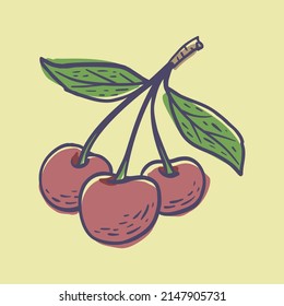 Simple hand drawn sketch of bright ripe cherries on yellow background. Vector illustration EPS10