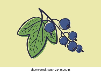 Simple hand drawn sketch of bright ripe black currants on yellow background. Vector illustration EPS10
