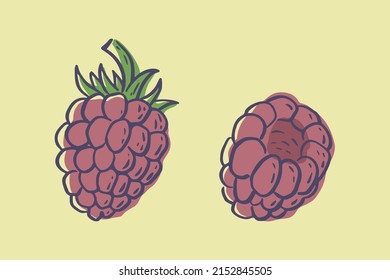 Simple hand drawn sketch of bright ripe raspberries on yellow background. Vector illustration EPS10