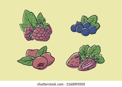 Simple hand drawn sketch of bright ripe berries (black currant, raspberry, strawberry and cherry) on yellow background. Vector illustration EPS10