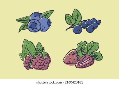 Einfache, handgezeichnete Skizze von hellreifen Beeren (Blaubeere, schwarzer Johannisbeere, Himbeere, Erdbeere) auf gelbem Hintergrund. Vektorgrafik EPS10
