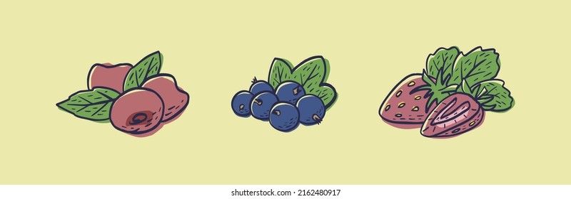 Einfache, handgezeichnete Skizze von hellreifen Beeren (Kirschen, schwarzer Johannisbeeren, Erdbeere) auf gelbem Hintergrund. Vektorgrafik EPS10