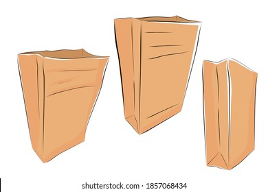 Simple Hand Drawn Sketch of A Brown Paper Bag Vector, 3 perspective styles, Isolated on white