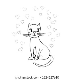 Simple hand drawn sketch of a cat with hearts. Black contour kitty on white. Doodles coloring book for children. Design for cards, posters, wrapping paper, fabric, textiles, clothing, wedding. 