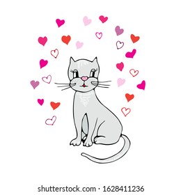 Simple hand drawn sketch of a cat with hearts. Vector cute gray cat on white. Design for cards, birthday, sticker, march 8, valentines day, poster, wrapping paper, fabric, textiles, clothing, wedding