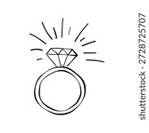 Simple hand drawn sketch diamond engagement ring. Jewelry and accessory vector illustration. Isolated on white background