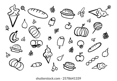 Simple hand drawn sketch elements ice cream, pumpkin, caramel and other sweets in doodle line style. Vector graphic elements set.