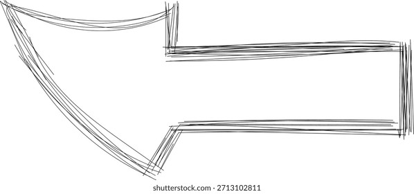 Boceto dibujado a mano simple de una forma de flecha apuntando hacia la izquierda con líneas negras esbozadas ásperas en blanco