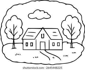 Simple hand drawn sketch line art village landscape clip art.