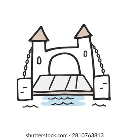 A simple hand drawn sketch of a medieval castle gate with a lowered drawbridge over a body of water isolated on white background