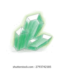 A simple hand drawn sketch of a small group of pointed green gemstone crystals on a white background