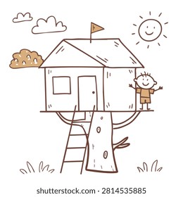 A simple hand drawn sketch of a small wooden treehouse with a ladder and a happy boy standing on the platform