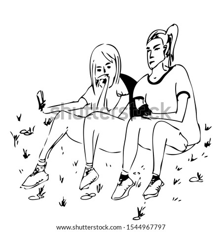 Simple hand drawn sketch of two girls sitting on the grass, chatting and holding their mobile phones in hands, taking pictures, making selfie. Black line drawing in white background of teenagers.