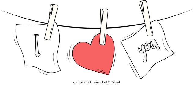 Simple hand drawn sketch vector illustration. I love you sign with heart on a clothesline design Valentine's Day
