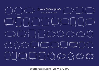 Simple hand drawn speech bubble illustration set vector on blue background. Set of simple hand drawn doodle speech bubbles in various sizes and shapes. Doodle speech bubble set on blue background
