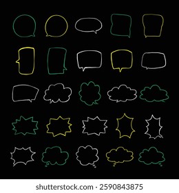 Simple hand drawn speech bubble illustration set vector on black background. Set of simple hand drawn doodle speech bubbles in various sizes and shapes. Doodle speech bubble set on black background