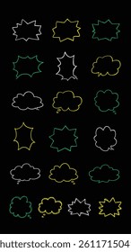 Simple hand drawn speech bubble illustration set vector on black background. Set of simple hand drawn doodle speech bubbles in various sizes and shapes. Doodle speech bubble set on black background