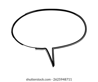 Simple, hand drawn speech bubble with a downward pointing tail, featuring thick, slightly irregular borders, ideal for adding text or dialogue