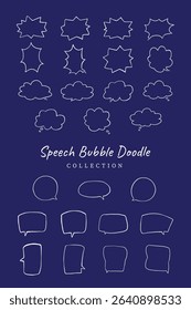 Simple hand drawn speech bubble illustration set vector on blue background. Set of simple hand drawn doodle speech bubbles in various sizes and shapes. Doodle speech bubble set on blue background