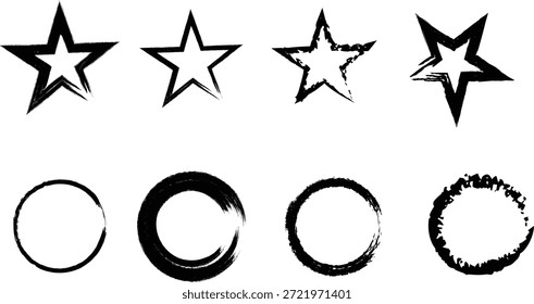 Simple Hand Drawn Star and Circle Doodles, Sketchy Ink Geometric Outlines and Shapes for Minimalist Design.
