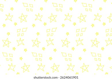 Simple Hand drawn star with yellow color and seamless pattern with various size type and variant that isolated in white background. For wallpaper use.