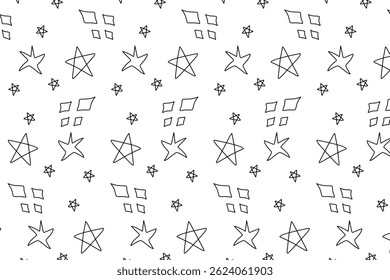 Simple Hand drawn star with yellow color and seamless pattern with various size type and variant that isolated in white background. For wallpaper use.