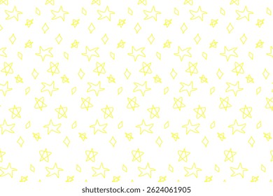 Simple Hand drawn star with yellow color and seamless pattern with various size type and variant that isolated in white background. For wallpaper use.