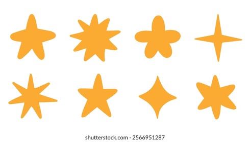 Simple hand drawn stars on a white background. Yellow doodle stars of various shapes.