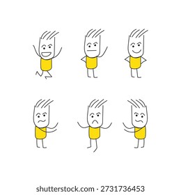 Simple Hand Drawn Stick Figure Characters Showing Different Emotions and Body Language, Minimal Doodle Illustration Set