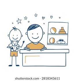 A simple hand drawn stick figure illustration of a child holding a teddy bear standing next to a shop clerk at a toy store counter