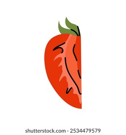 Einfache handgezeichnete Erdbeerhälfte mit grünen Blättern im Doodle-Stil