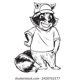 simple hand drawn of striped fox is standing wearing a hat and smiling happily