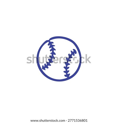 A simple hand drawn style blue line art illustration of a baseball on a white background
